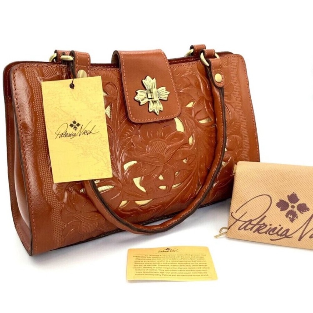 Patricia Nash Rosina Burnished Cutout Tooled Leather Satchel Brown Tan NWT $229